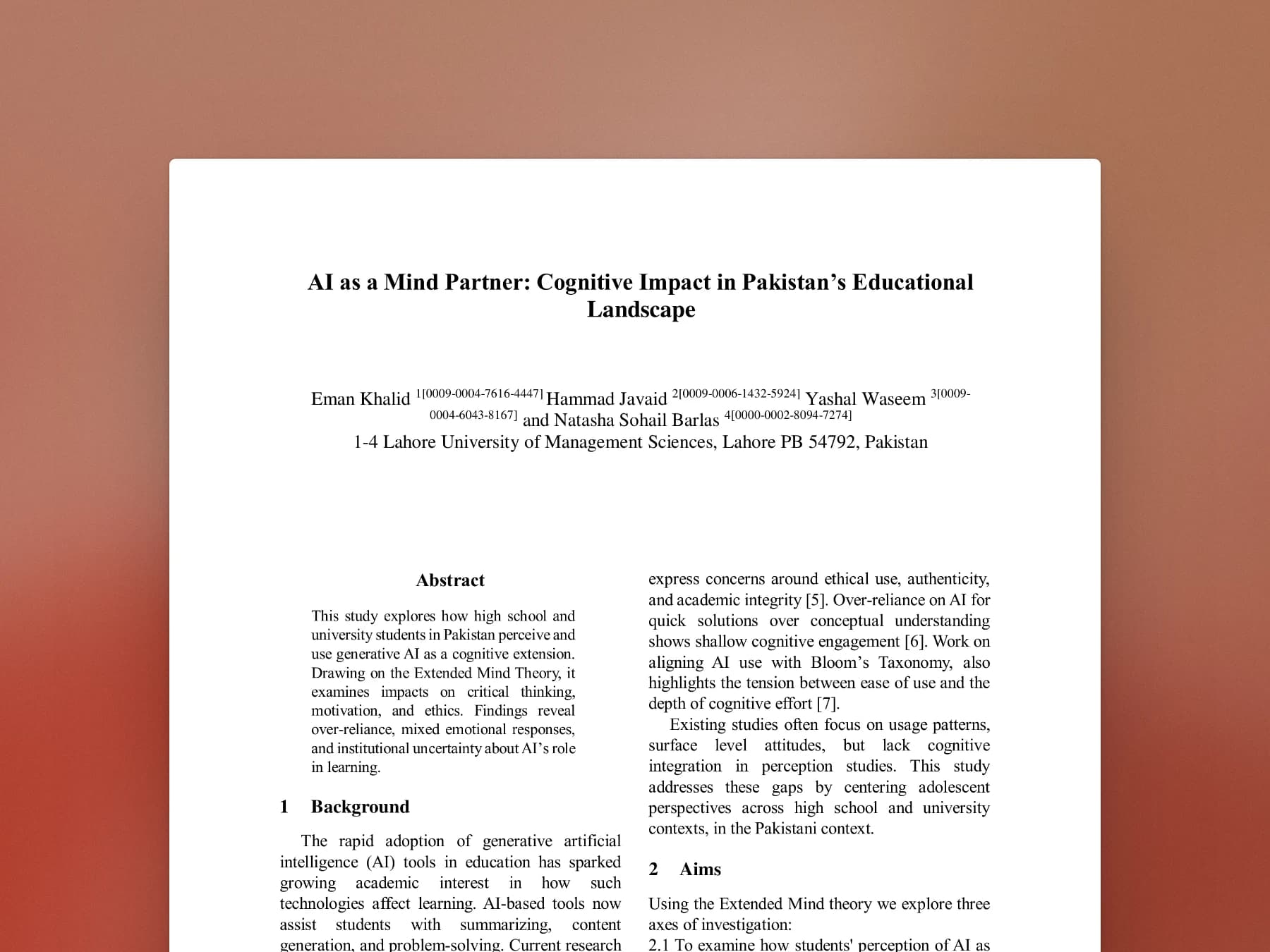 The first page of the paper, AI as a Mind Partner, on a terracotta gradient
