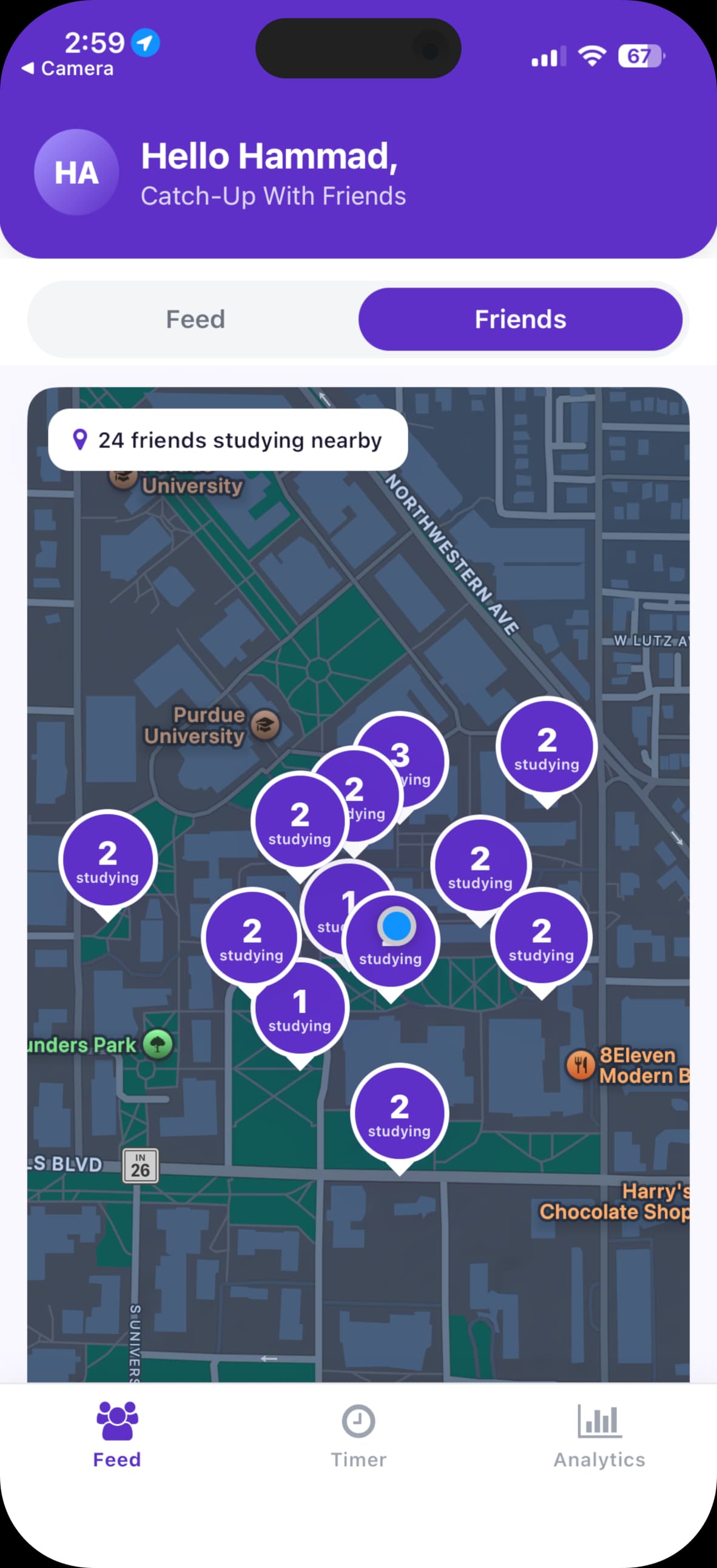 inSync's friends map, with friends studying nearby on campus