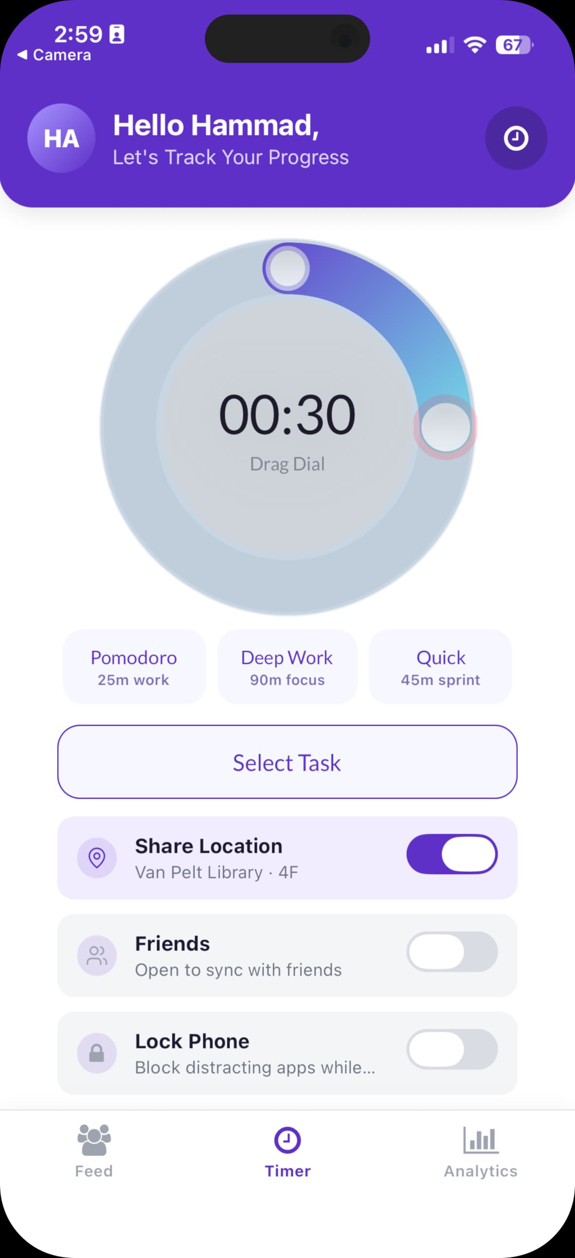 inSync's focus timer on iPhone, set for a 30-minute session