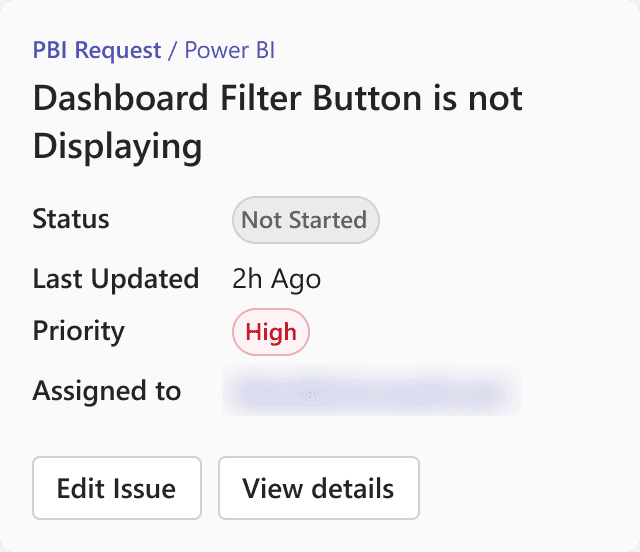 The intake agent's card in Microsoft Teams: a PBI request with its status and priority