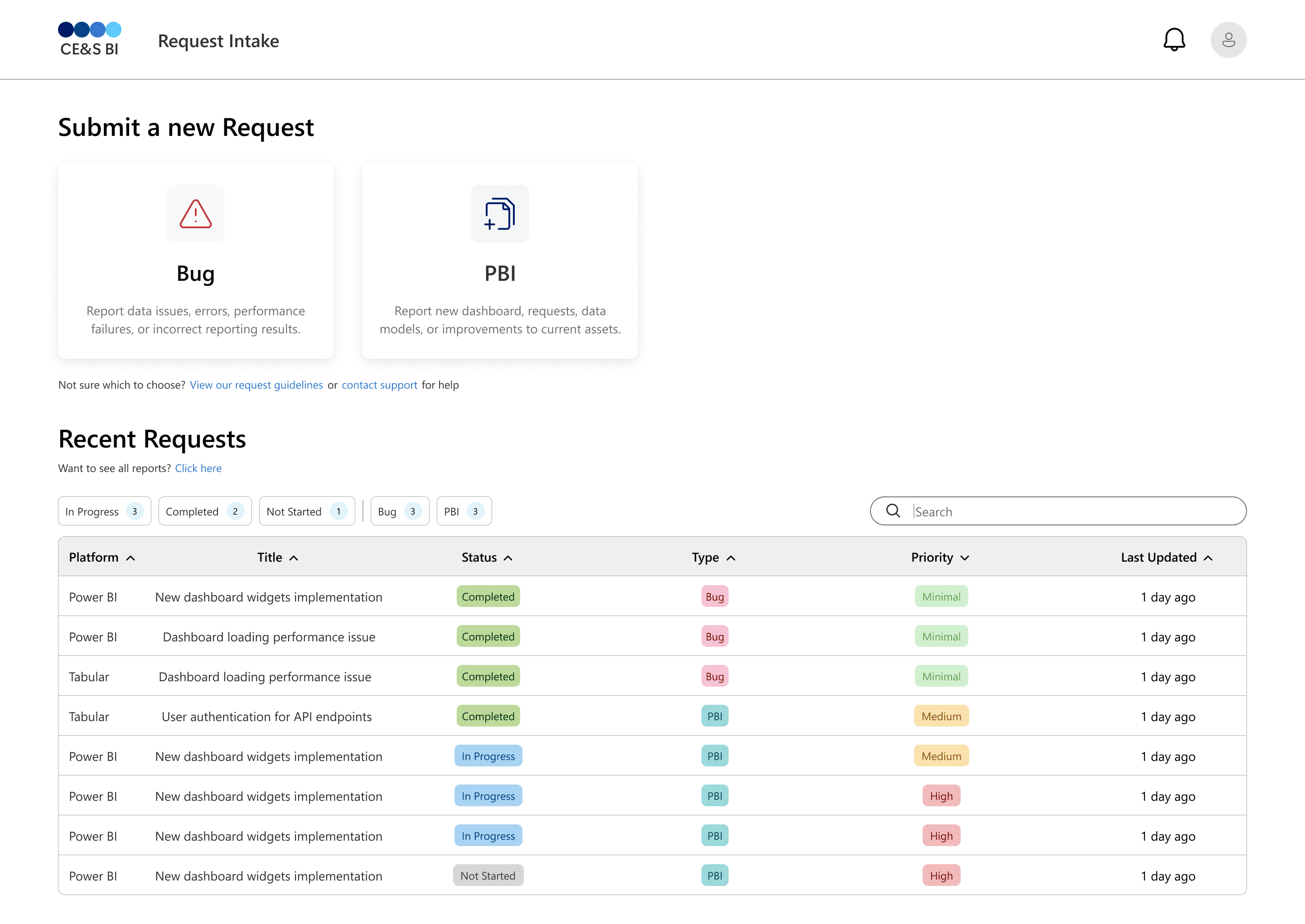 The request hub on desktop: report a bug or request a PBI, with recent requests below