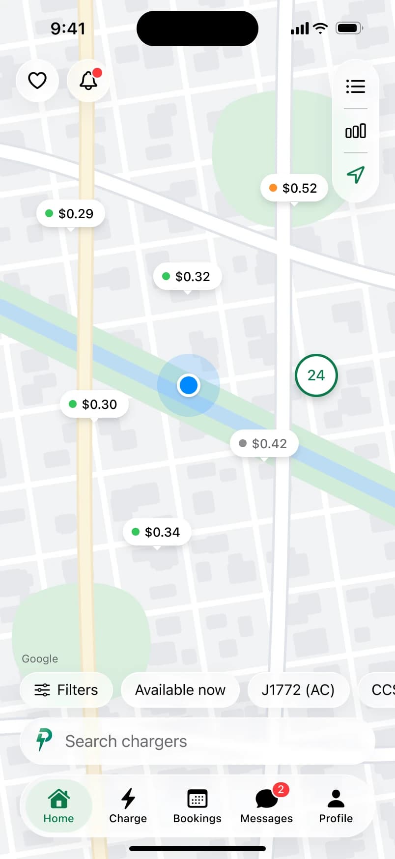 PakPlug's map: home chargers nearby, each with its price per kWh