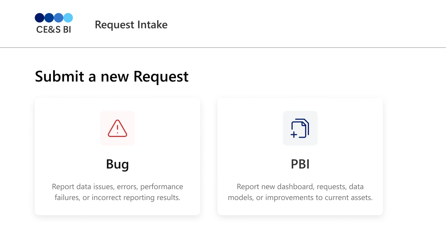 After: the hub opens on two entry points, Bug and PBI