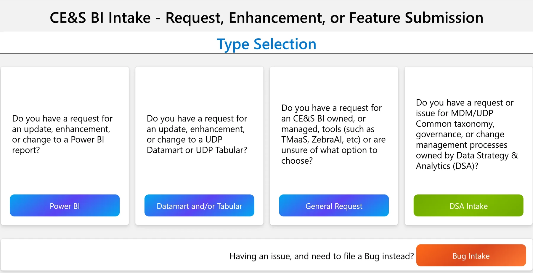Before: the old type selection, four product paths and a separate Bug Intake